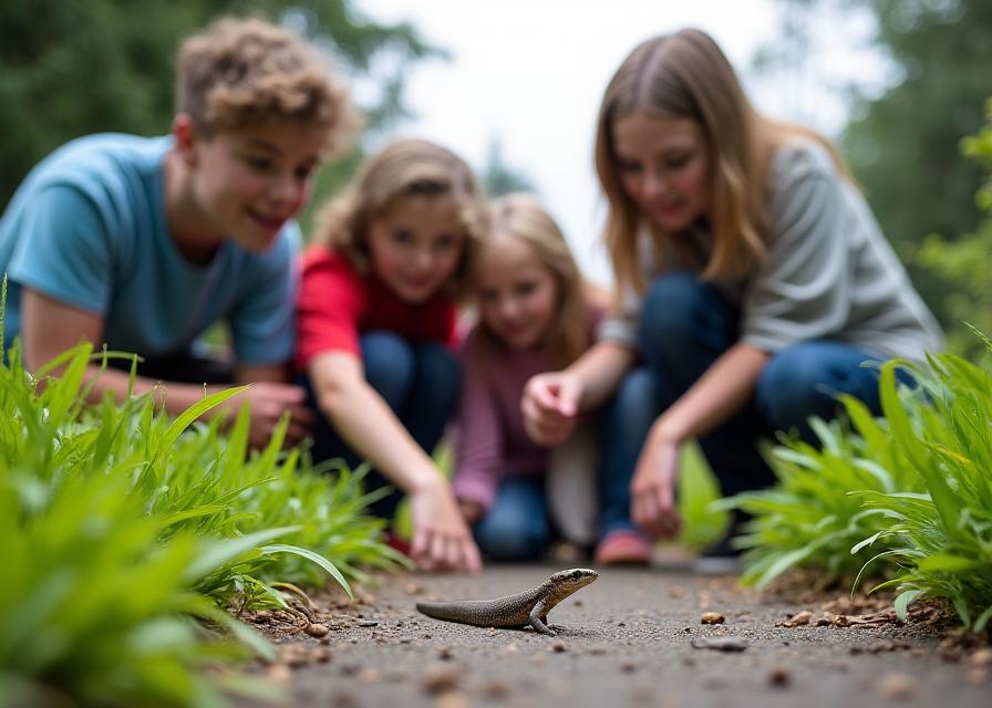 Family group on urban reptile safari in Vancouver park