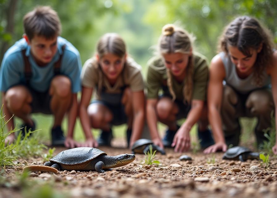 Wildlife conservation tour group observing reptiles
