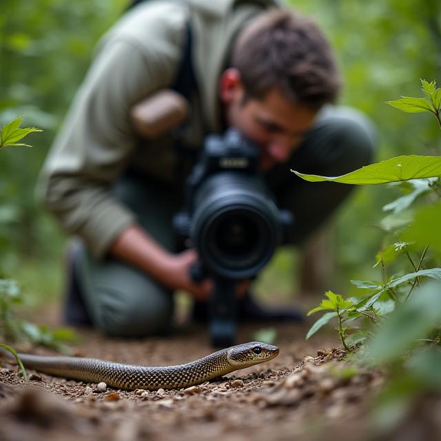 Wildlife photographer capturing snake in natural habitat